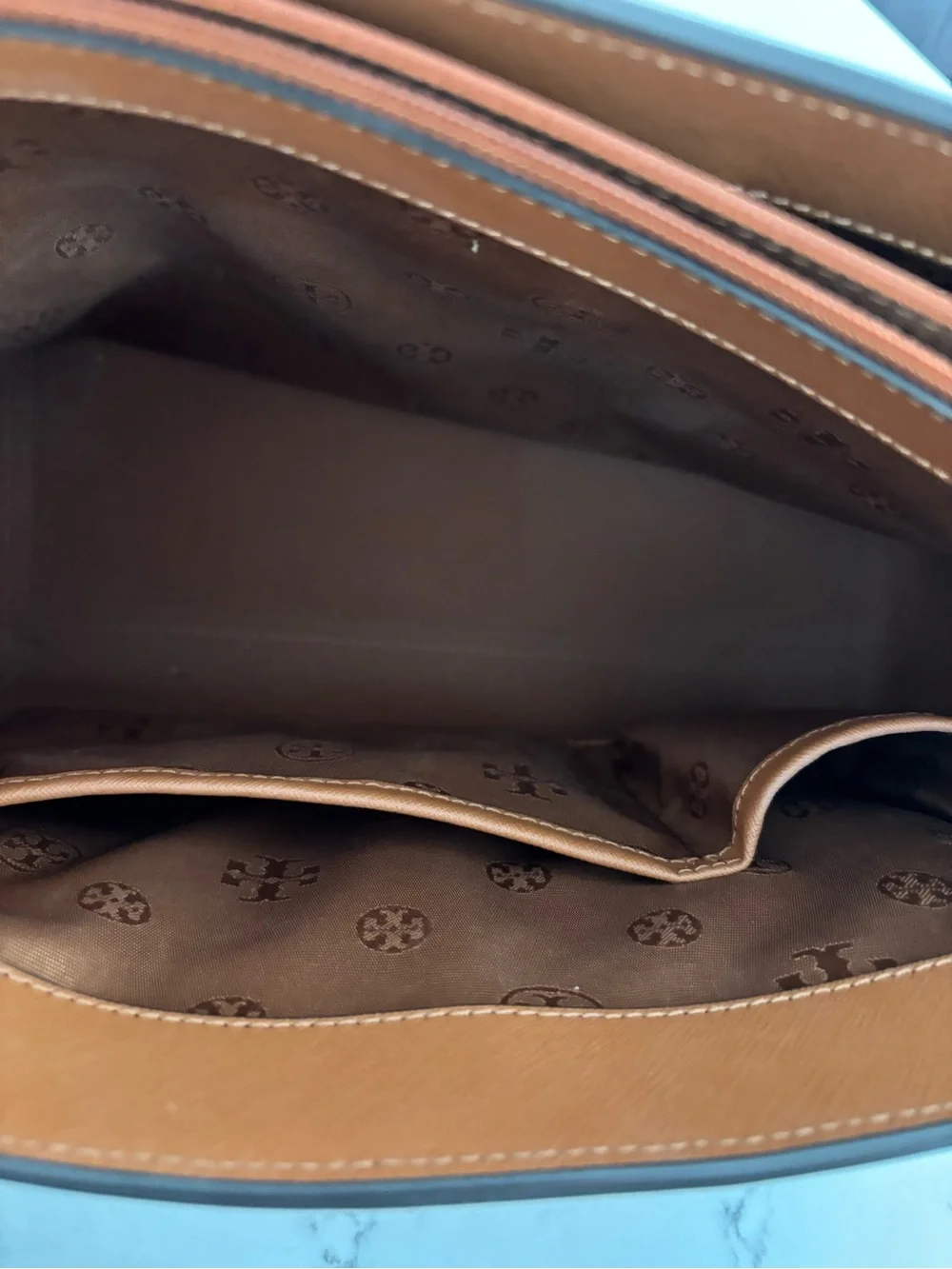 Tory Burch Saffiano Leather Tote in Cognac with Gold Logo